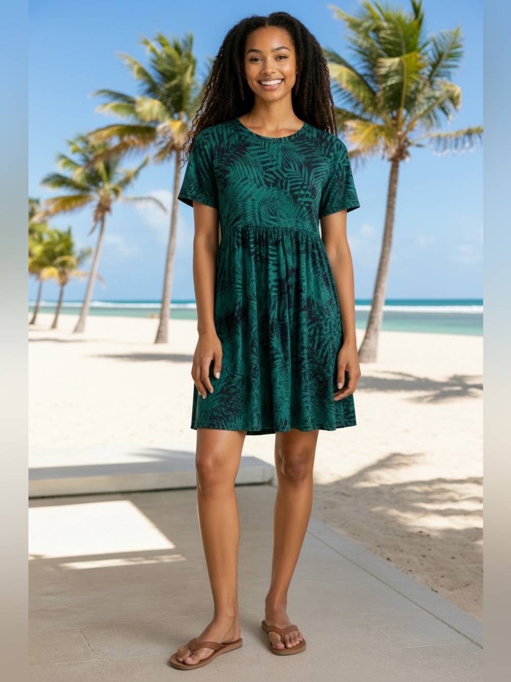 LONGYUAN Casual Short Sleeve Green Tropical Print Swing Dress Pockets Women XL